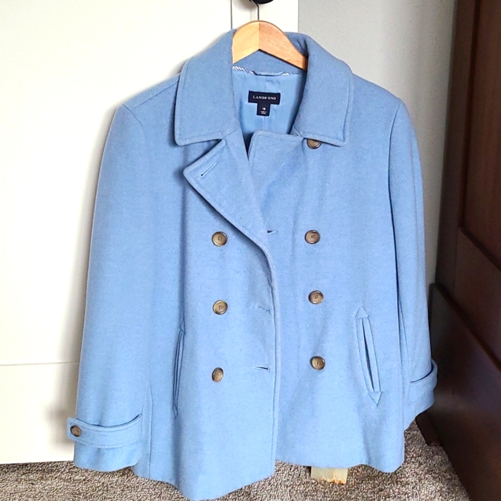 Land's End, powder blue, wool peacoat, size 14